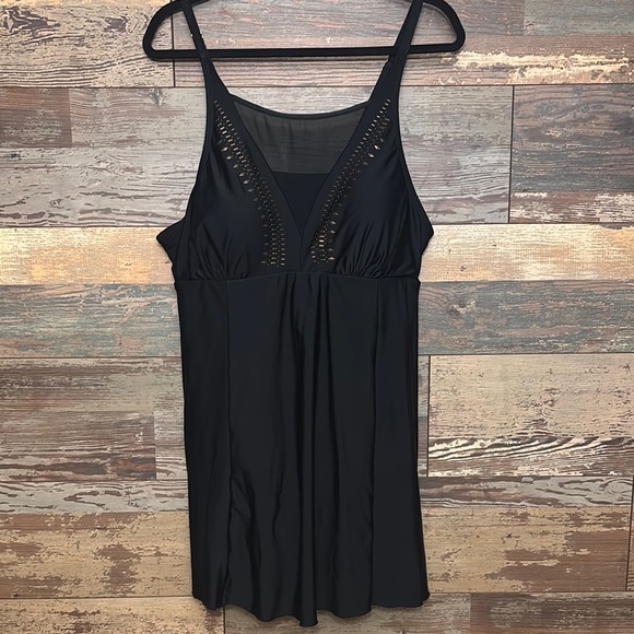Love My Curves | Black Swimsuit-Dress with Studded Embellished V-Neck | Size: 18 - Picture 1 of 14